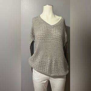 DKNY Heather Gray Crochet V-Neck Sweater